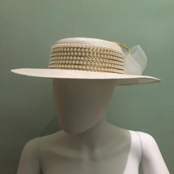 Vintage White woven Kentucky Derby hat with heavy beading and fascinator bow main image 8